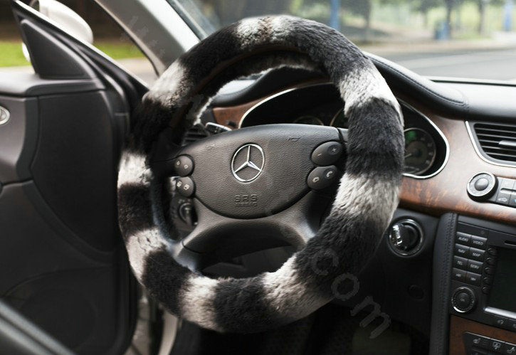 Auto Car Steering Wheel Cover Fox hair Diameter 15 inch 38CM - Black+White