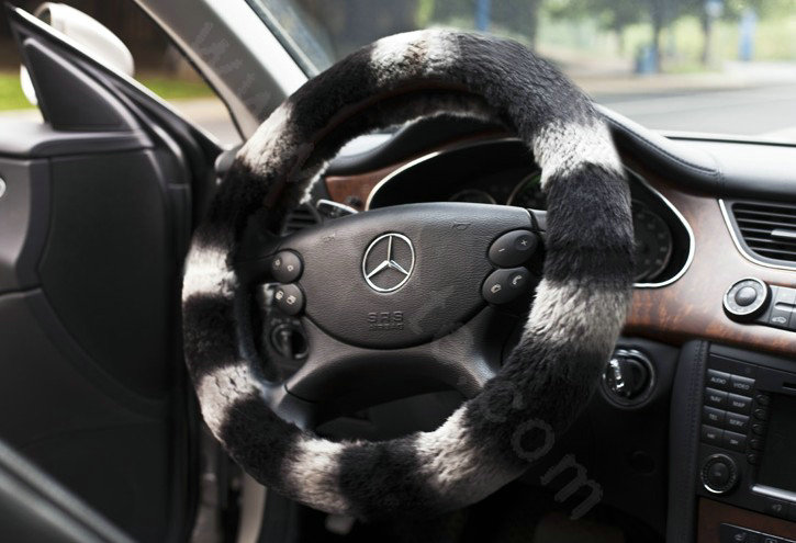 Auto Car Steering Wheel Cover Fox hair Diameter 15 inch 38CM - Black+White