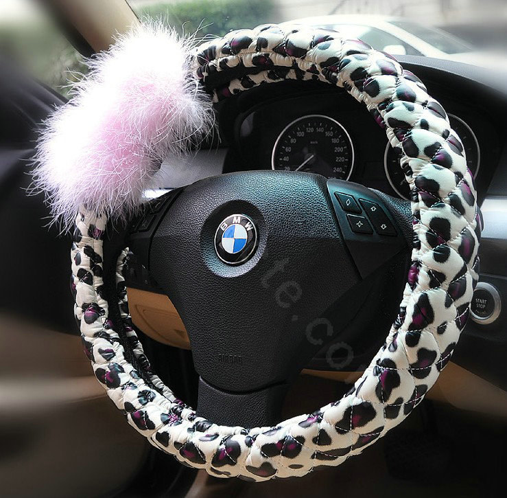 Auto Car Steering Wheel Cover Fur Ball Leopard Faux Leather Diameter 15 inch 38CM - Pink