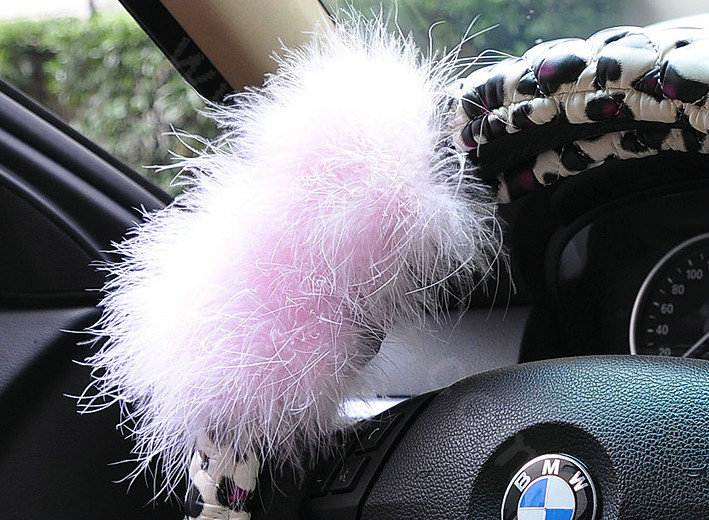 Auto Car Steering Wheel Cover Fur Ball Leopard Faux Leather Diameter 15 inch 38CM - Pink