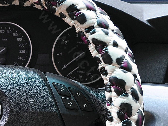 Auto Car Steering Wheel Cover Fur Ball Leopard Faux Leather Diameter 15 inch 38CM - Pink