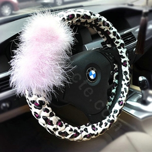 Auto Car Steering Wheel Cover Fur Ball Leopard Faux Leather Diameter 15 inch 38CM - Pink