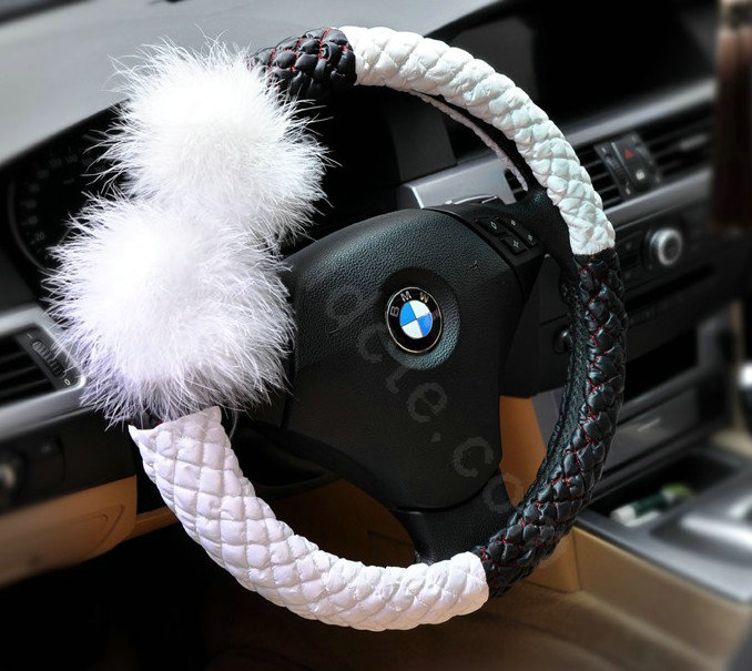 Auto Car Steering Wheel Cover Fur Ball Polyester Diameter 15 inch 38CM - Black White