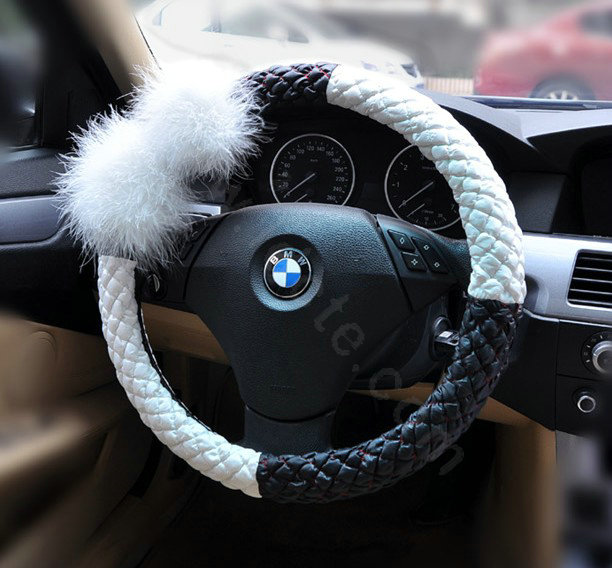 Auto Car Steering Wheel Cover Fur Ball Polyester Diameter 15 inch 38CM - Black White