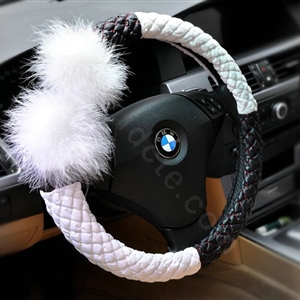 Auto Car Steering Wheel Cover Fur Ball Polyester Diameter 15 inch 38CM - Black White