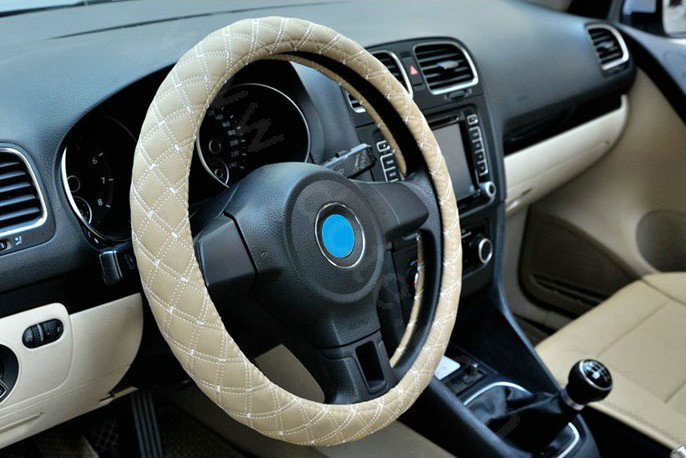 Auto Car Steering Wheel Cover Grid pattern PU leather Diameter 15 inch 38CM - Beige