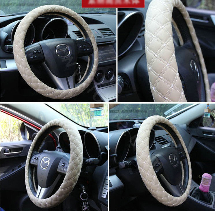 Auto Car Steering Wheel Cover Grid pattern PU leather Diameter 15 inch 38CM - Beige