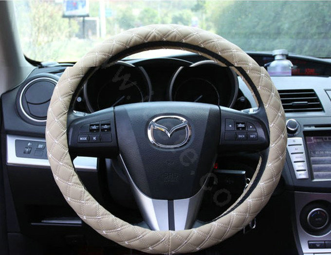 Auto Car Steering Wheel Cover Grid pattern PU leather Diameter 15 inch 38CM - Beige