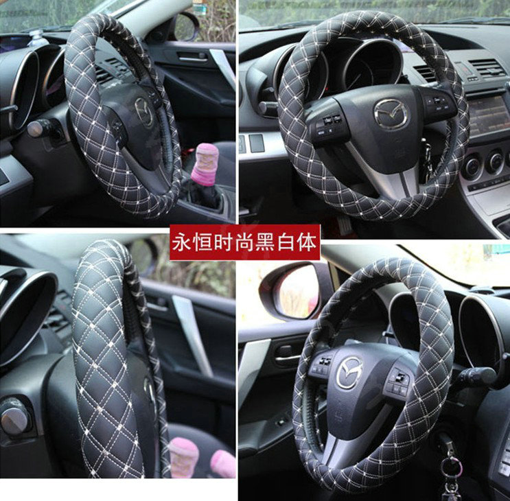 Auto Car Steering Wheel Cover Grid pattern PU leather Diameter 15 inch 38CM - Black White