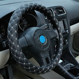 Auto Car Steering Wheel Cover Grid pattern PU leather Diameter 15 inch 38CM - Black White