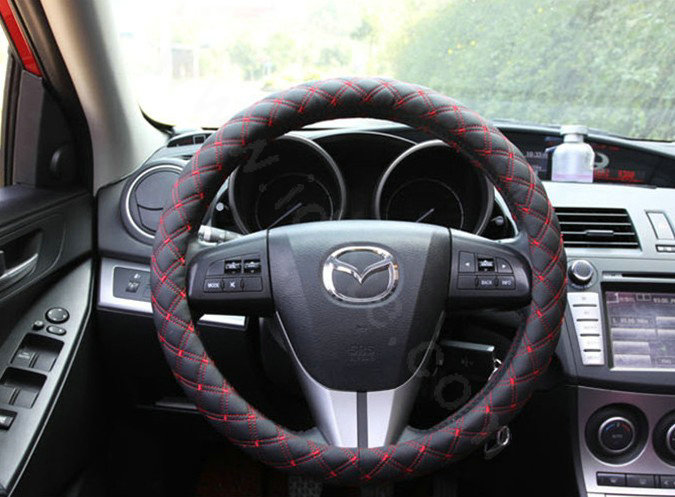 Auto Car Steering Wheel Cover Grid pattern PU leather Diameter 15 inch 38CM - Red Black