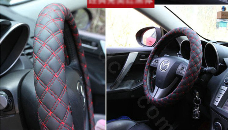 Auto Car Steering Wheel Cover Grid pattern PU leather Diameter 15 inch 38CM - Red Black