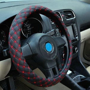 Auto Car Steering Wheel Cover Grid pattern PU leather Diameter 15 inch 38CM - Red Black