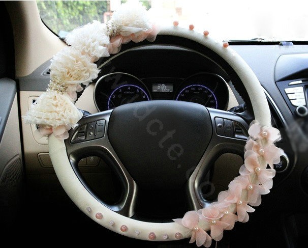 Hot sales Car Steering Wheel Cover Lace Bowknot Pearl Deerskin 14 inch 36CM - Pink