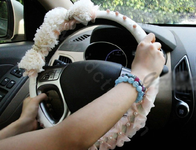 Hot sales Car Steering Wheel Cover Lace Bowknot Pearl Deerskin 14 inch 36CM - Pink
