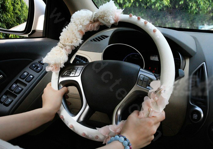 Hot sales Car Steering Wheel Cover Lace Bowknot Pearl Deerskin 14 inch 36CM - Pink