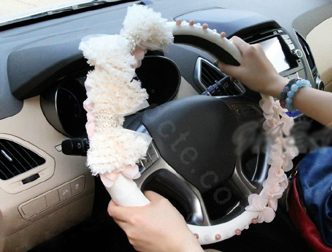 Hot sales Car Steering Wheel Cover Lace Bowknot Pearl Deerskin 14 inch 36CM - Pink