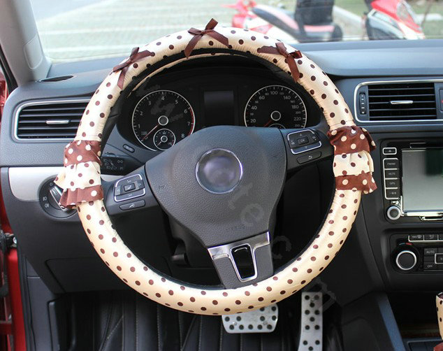 Auto Car Steering Wheel Cover Lace Dots Satin cotton Diameter 15 inch 38CM - Coffee