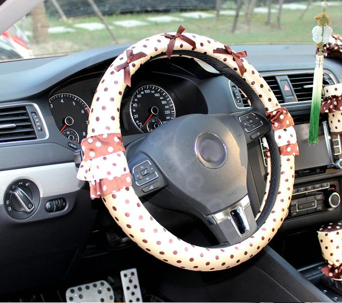 Auto Car Steering Wheel Cover Lace Dots Satin cotton Diameter 15 inch 38CM - Coffee