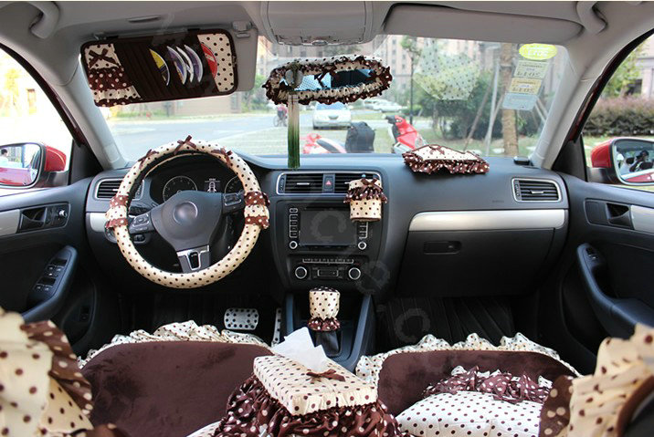 Auto Car Steering Wheel Cover Lace Dots Satin cotton Diameter 15 inch 38CM - Coffee