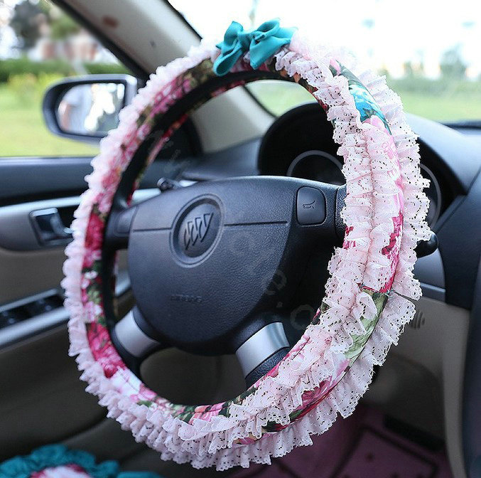 Auto Car Steering Wheel Cover Lace Floral Polyester Diameter 15 inch 38CM - Pink
