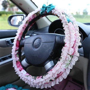 Auto Car Steering Wheel Cover Lace Floral Polyester Diameter 15 inch 38CM - Pink