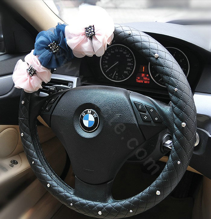 Auto Car Steering Wheel Cover Lace Flower Imitation sheepskin Diameter 15 inch 38CM - Black