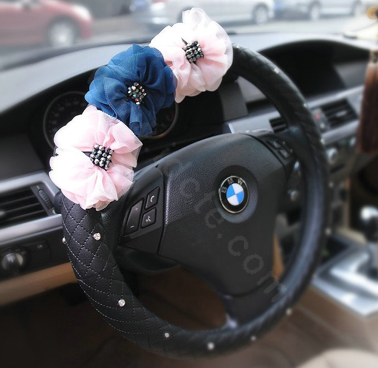 Auto Car Steering Wheel Cover Lace Flower Imitation sheepskin Diameter 15 inch 38CM - Black