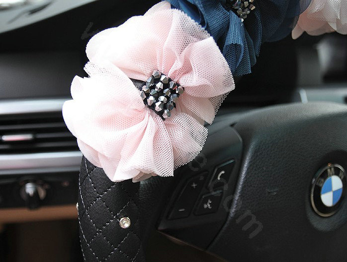 Auto Car Steering Wheel Cover Lace Flower Imitation sheepskin Diameter 15 inch 38CM - Black