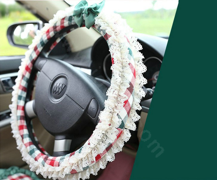 Auto Car Steering Wheel Cover Lace Plaid Bowknot Polyester Diameter 15 inch 38CM - Green Red