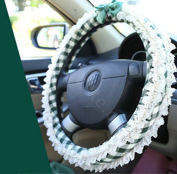 Auto Car Steering Wheel Cover Lace Plaid Bowknot Polyester Diameter 15 inch 38CM - Green