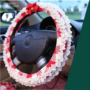 Auto Car Steering Wheel Cover Lace Plaid Bowknot Polyester Diameter 15 inch 38CM - Red