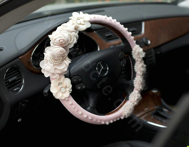 Auto Car Steering Wheel Cover Lace Rose Pearl Deerskin Diameter 16 inch 40CM - Pink
