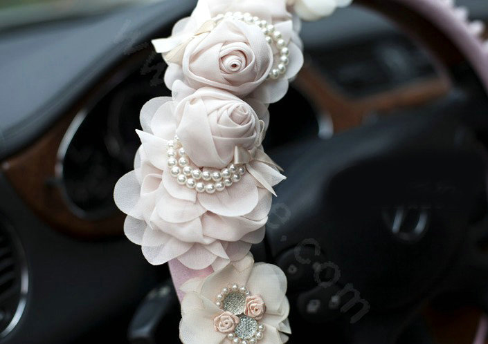 Auto Car Steering Wheel Cover Lace Rose Pearl Deerskin Diameter 16 inch 40CM - Pink