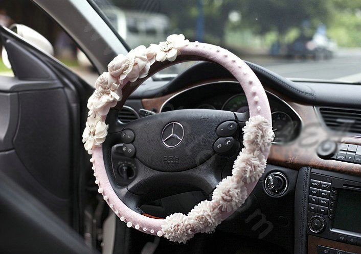 Auto Car Steering Wheel Cover Lace Rose Pearl Deerskin Diameter 16 inch 40CM - Pink
