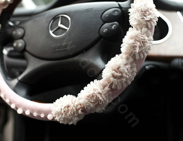 Auto Car Steering Wheel Cover Lace Rose Pearl Deerskin Diameter 16 inch 40CM - Pink
