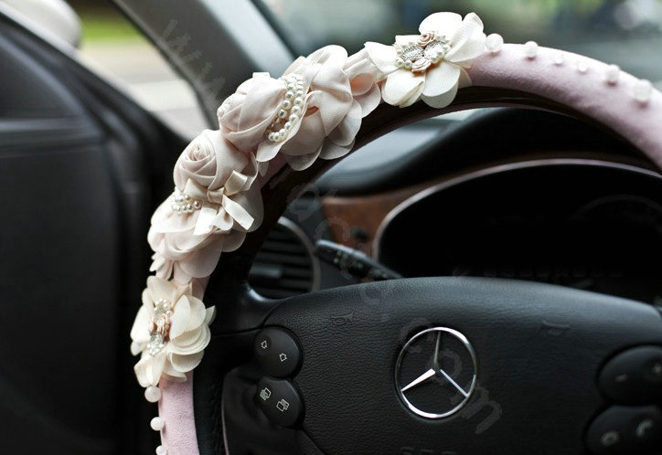 Auto Car Steering Wheel Cover Lace Rose Pearl Deerskin Diameter 16 inch 40CM - Pink