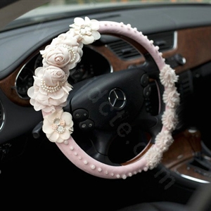 Auto Car Steering Wheel Cover Lace Rose Pearl Deerskin Diameter 15 inch 38CM - Pink