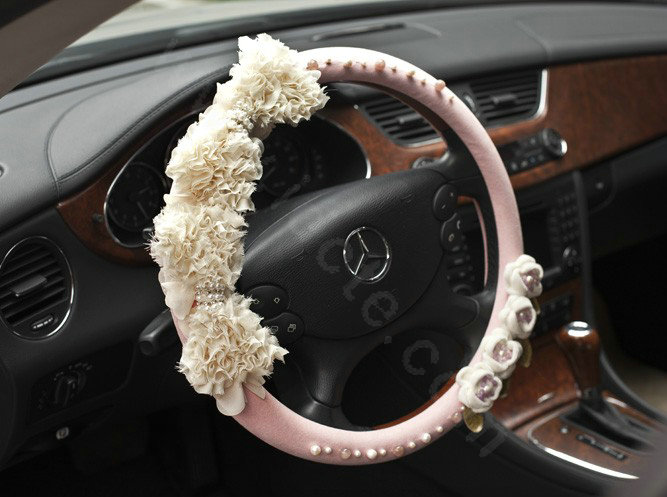 Auto Car Steering Wheel Cover Lace flower Pearl Deerskin Diameter 15 inch 38CM - Pink