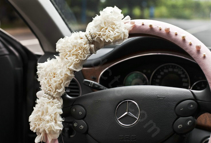 Auto Car Steering Wheel Cover Lace flower Pearl Deerskin Diameter 15 inch 38CM - Pink