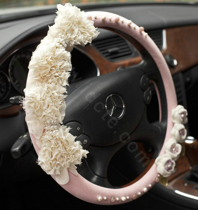 Auto Car Steering Wheel Cover Lace flower Pearl Deerskin Diameter 15 inch 38CM - Pink