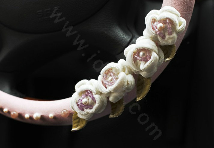 Auto Car Steering Wheel Cover Lace flower Pearl Deerskin Diameter 15 inch 38CM - Pink