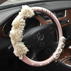 Auto Car Steering Wheel Cover Lace flower Pearl Deerskin Diameter 15 inch 38CM - Pink