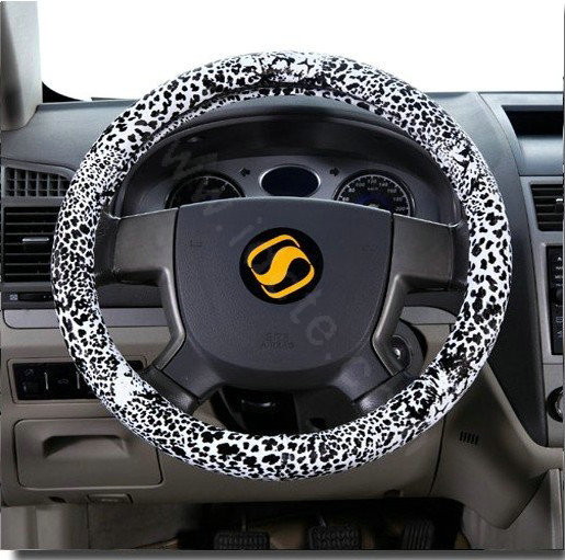 Auto Car Steering Wheel Cover Leopard Microfiber leather Diameter 15 inch 38CM - White