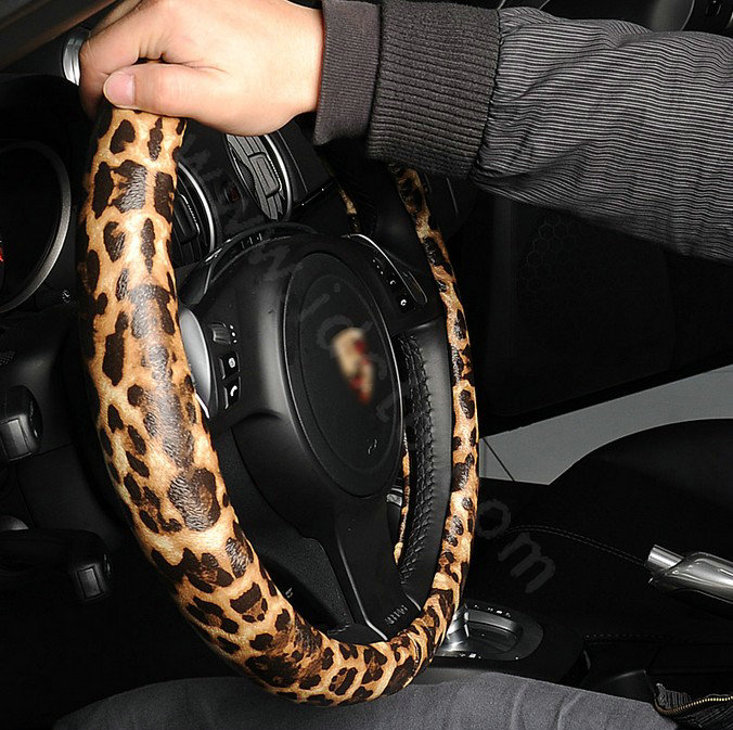 Auto Car Steering Wheel Cover Leopard PU leather Diameter 15 inch 38CM - Brown