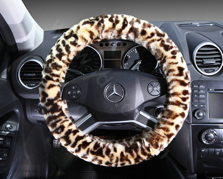 Auto Car Steering Wheel Cover Leopard Plush Diameter 15 inch 38CM - Brown