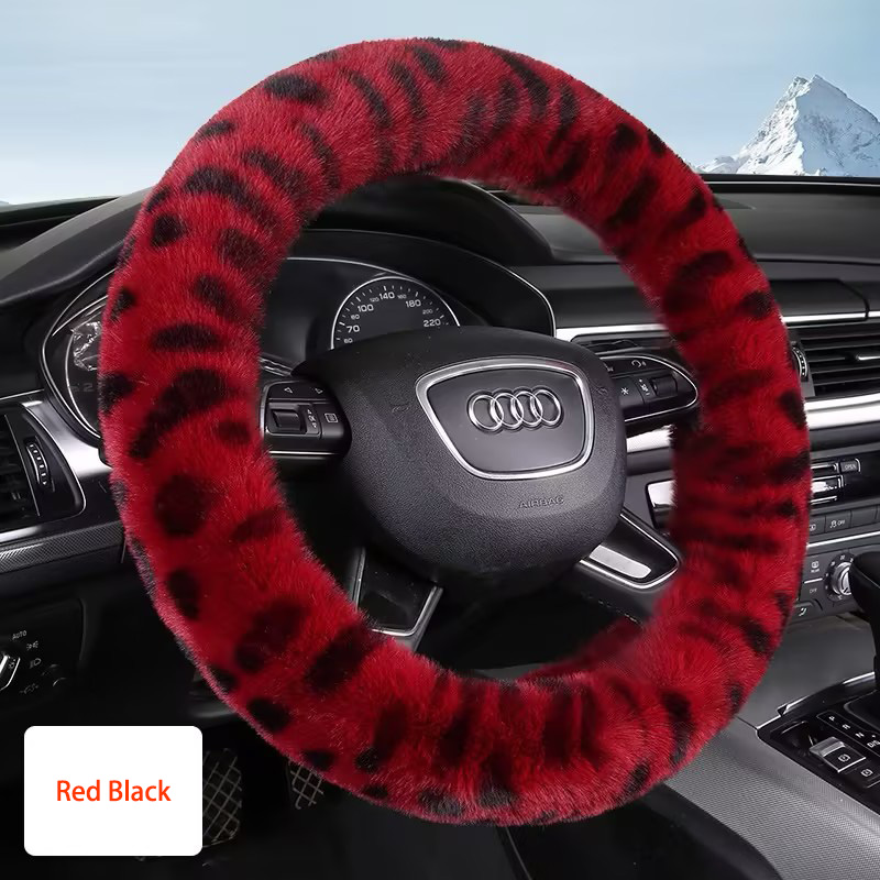 Auto Car Steering Wheel Cover Leopard Plush Diameter 15 inch 38CM - Red Black