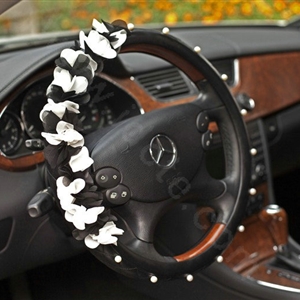 Auto Car Steering Wheel Cover Pearl Flowers Cowhide Diameter 15 inch 38CM - Black