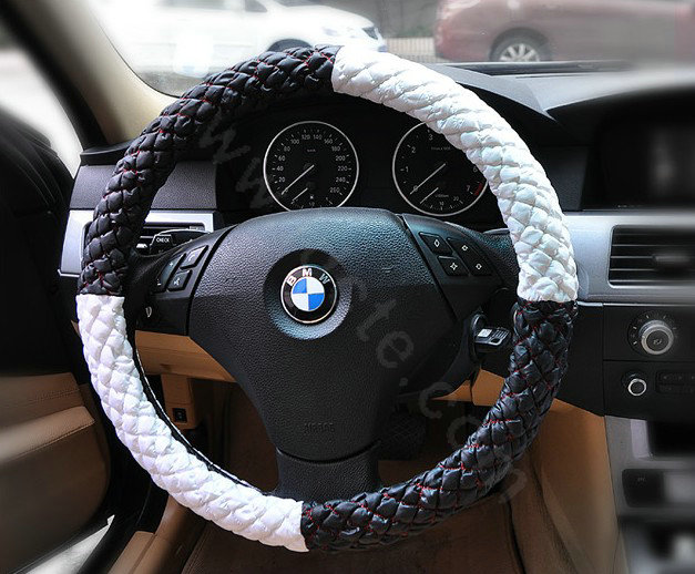 Auto Car Steering Wheel Cover Polyester Diameter 15 inch 38CM - Black White