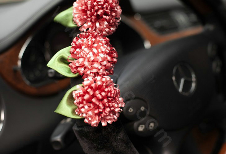 Auto Car Steering Wheel Cover Red Flowers Woolen Diameter 15 inch 38CM - Black